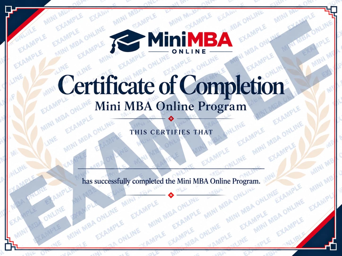 Example of a Mini MBA Online Program Certificate of Completion