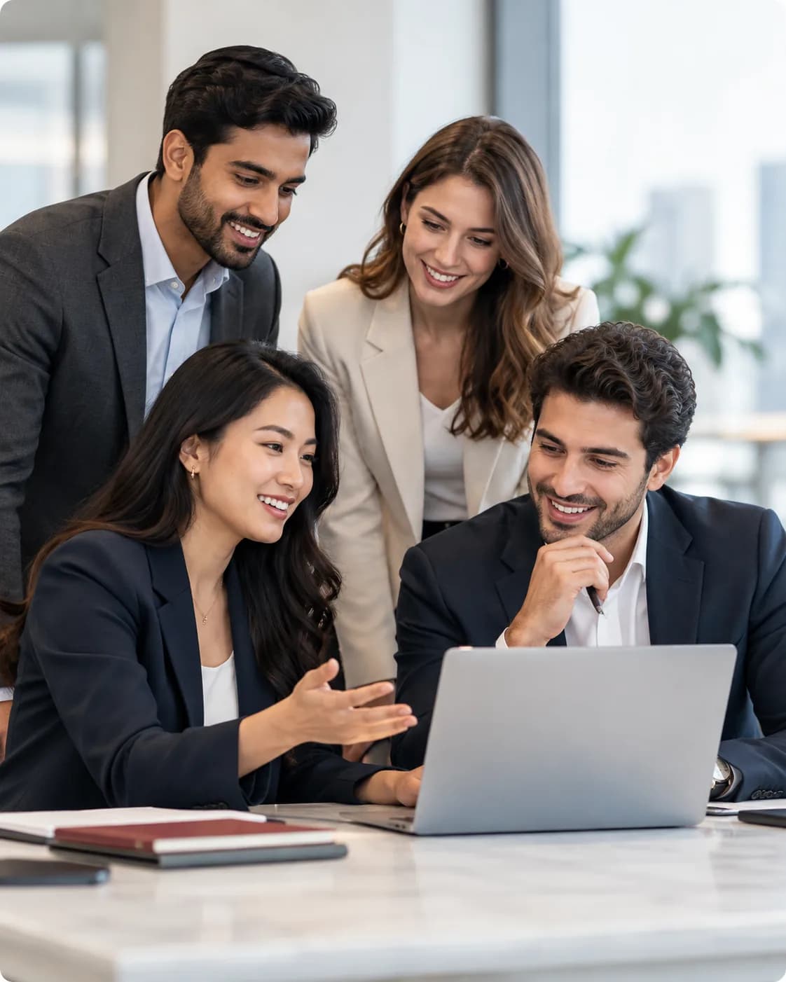 Four business professionals gathered around a laptop in an office